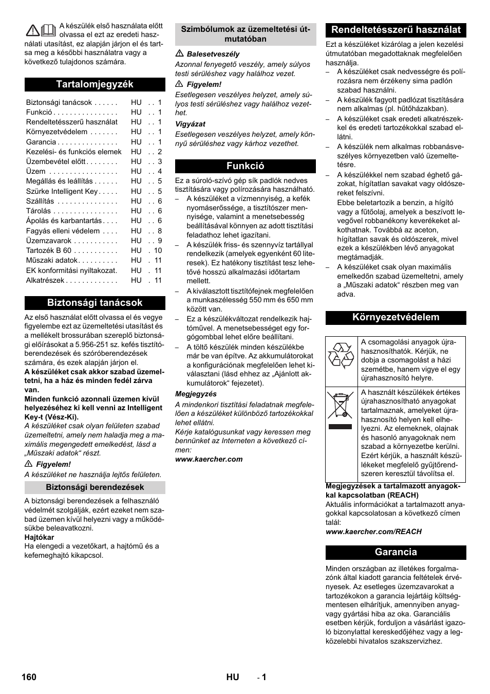 Magyar, Tartalomjegyzék, Biztonsági tanácsok | Garancia | Karcher B 60 W User Manual | Page 160 / 312