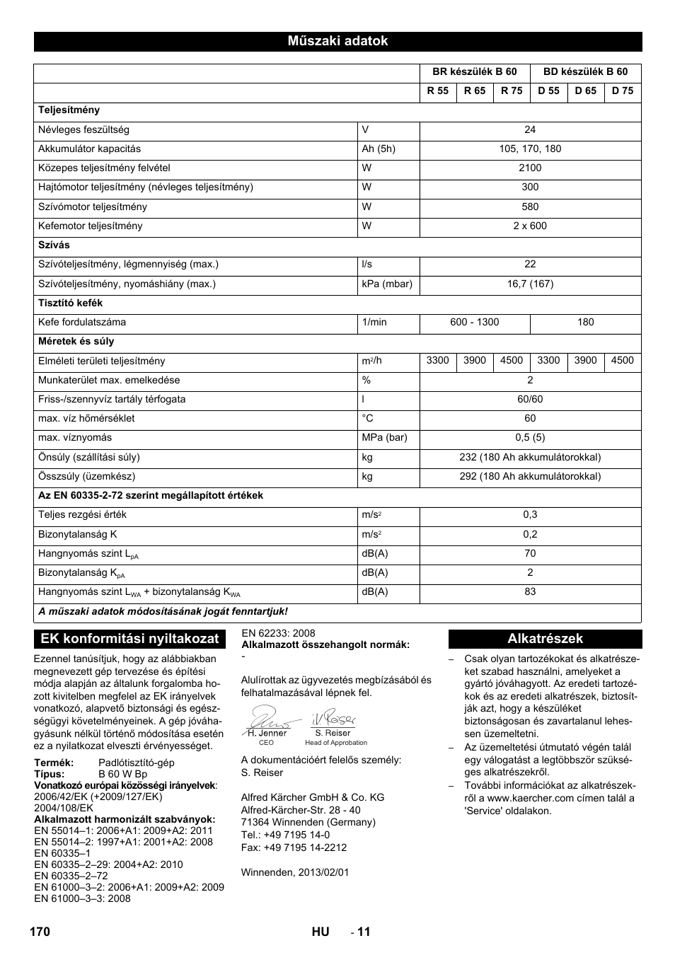 Műszaki adatok, Ek konformitási nyiltakozat, Alkatrészek | Karcher B 60 W User Manual | Page 170 / 312
