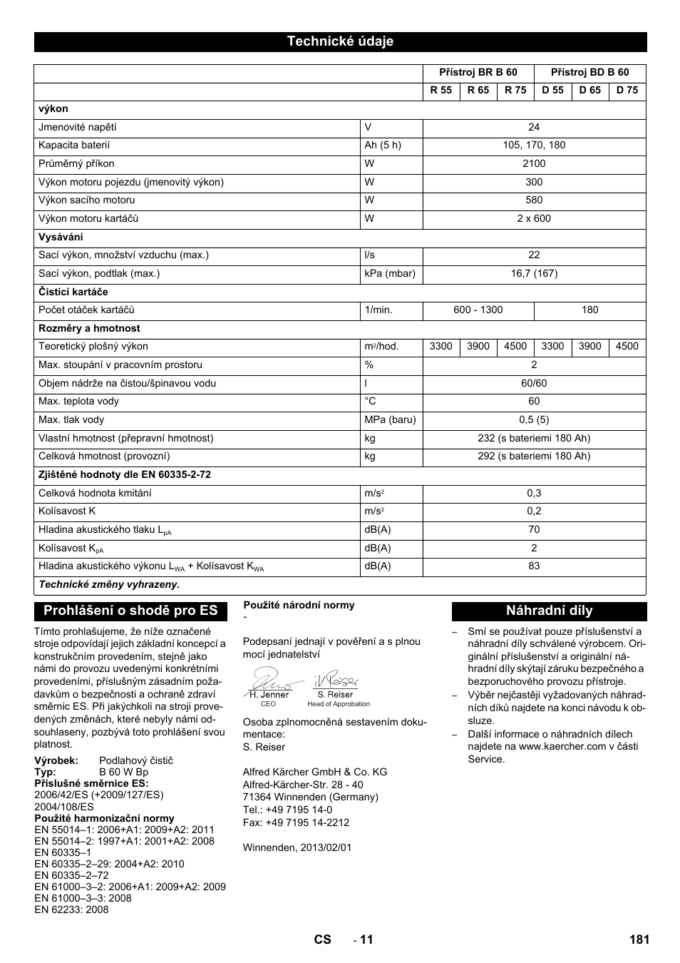 Technické údaje, Prohlášení o shodě pro es, Náhradní díly | Karcher B 60 W User Manual | Page 181 / 312