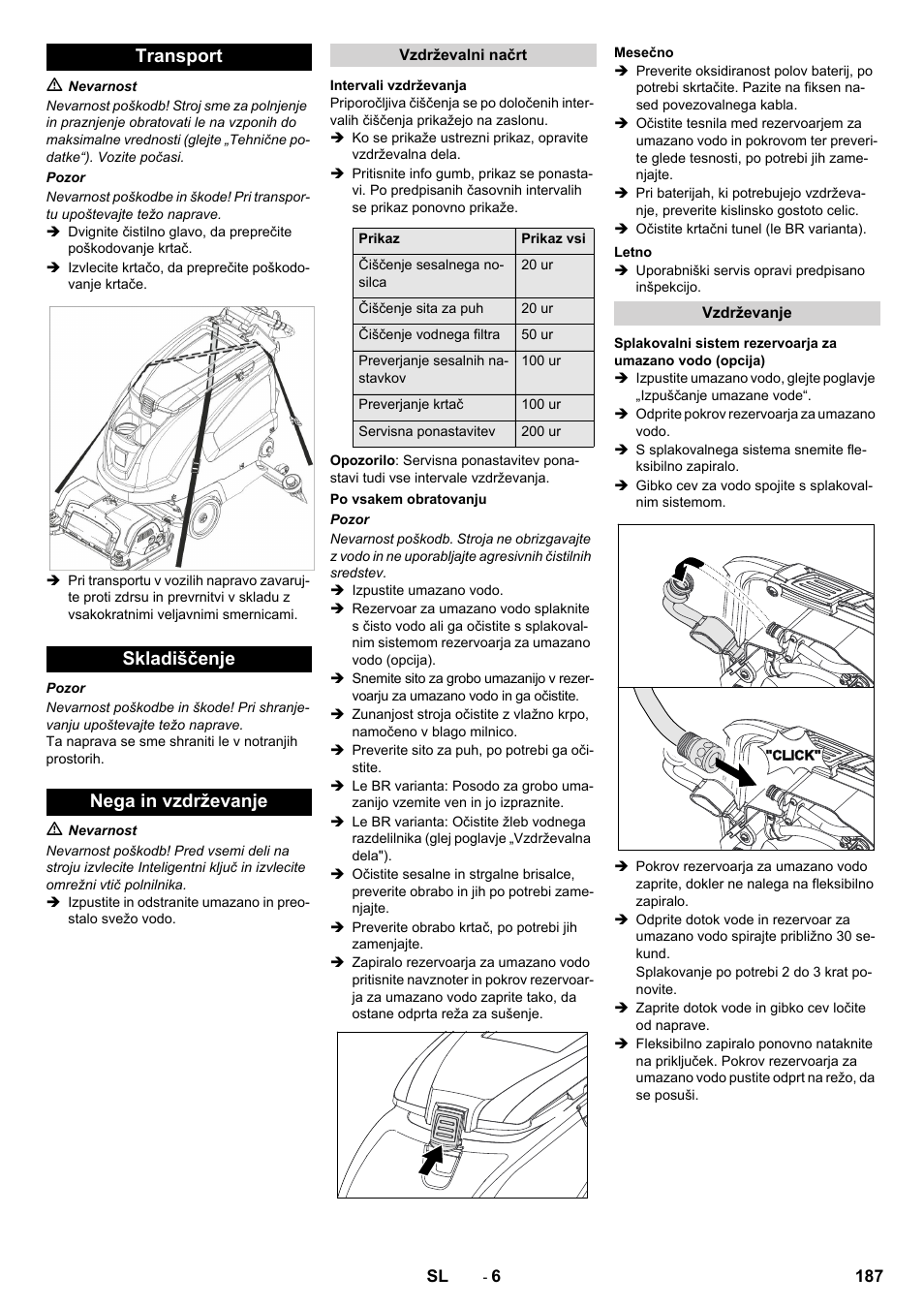 Transport skladiščenje nega in vzdrževanje | Karcher B 60 W User Manual | Page 187 / 312