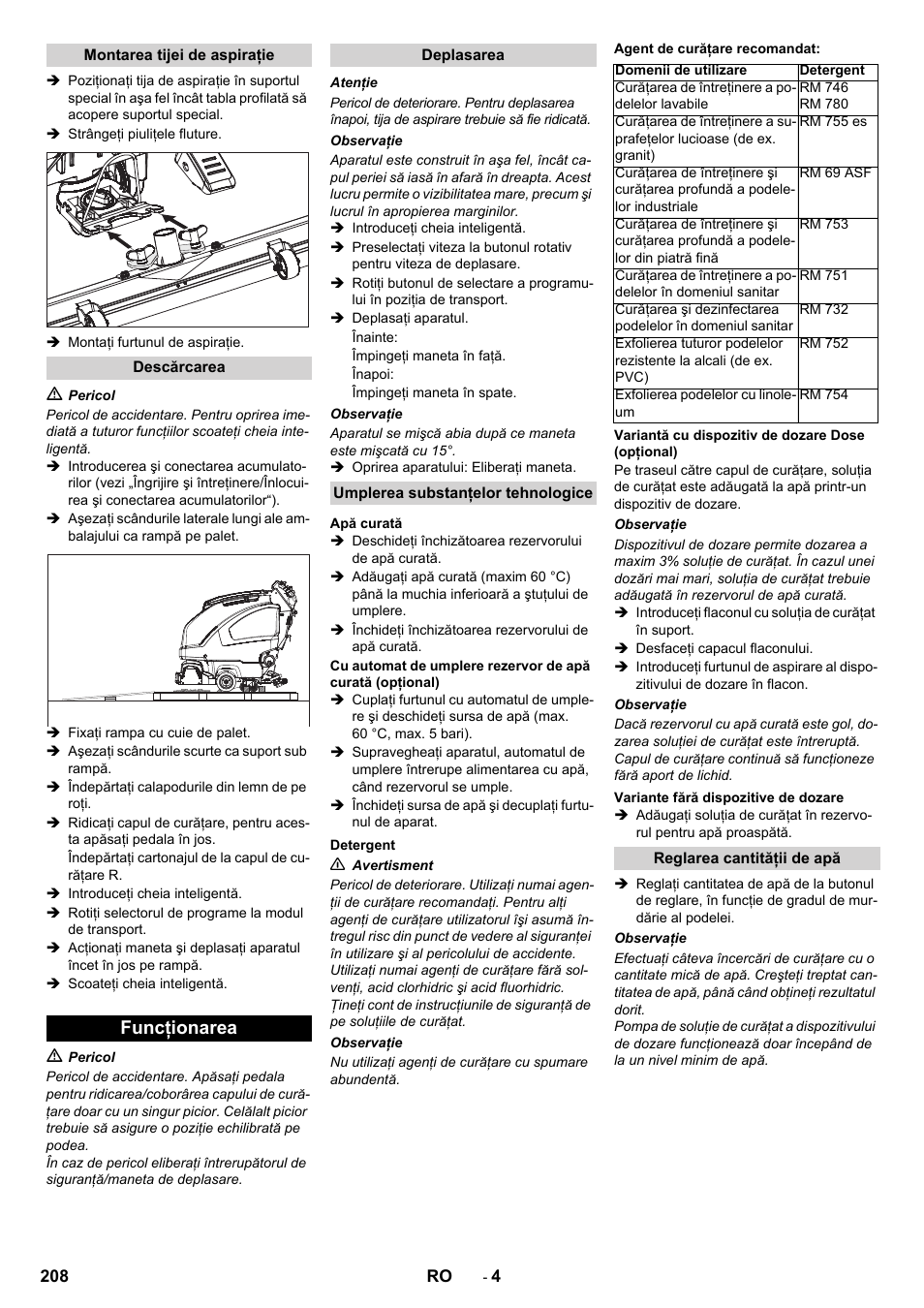 Funcţionarea | Karcher B 60 W User Manual | Page 208 / 312