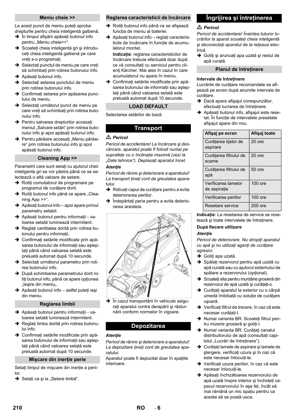 Transport depozitarea îngrijirea şi întreţinerea | Karcher B 60 W User Manual | Page 210 / 312
