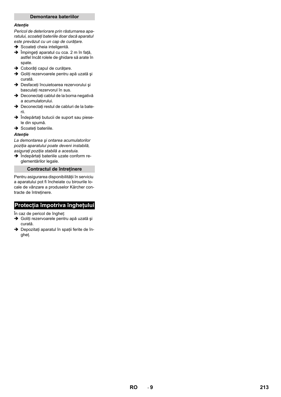 Protecţia împotriva îngheţului | Karcher B 60 W User Manual | Page 213 / 312