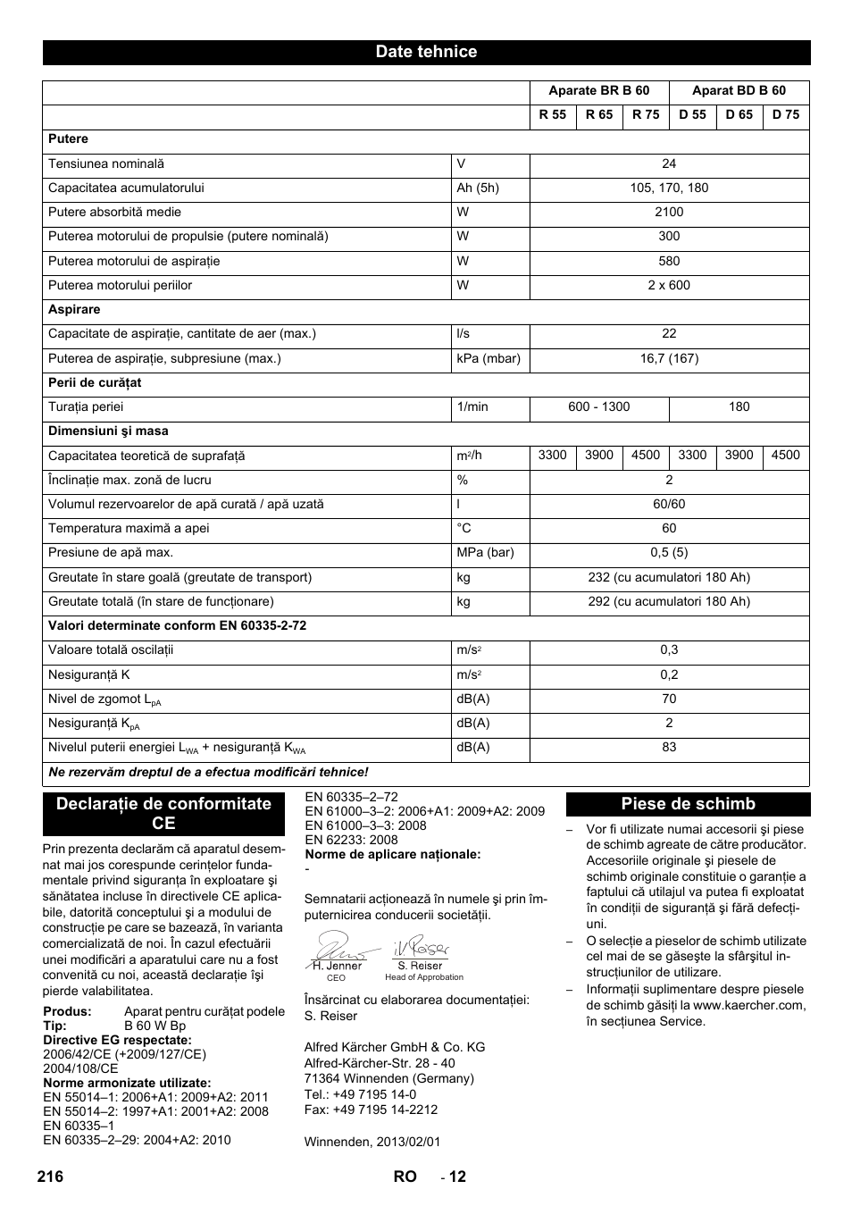 Date tehnice, Declaraţie de conformitate ce, Piese de schimb | Karcher B 60 W User Manual | Page 216 / 312