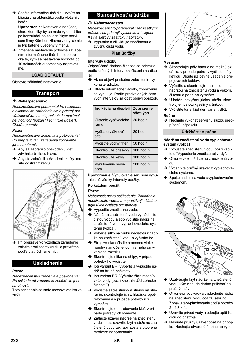 Transport uskladnenie starostlivosť a údržba | Karcher B 60 W User Manual | Page 222 / 312