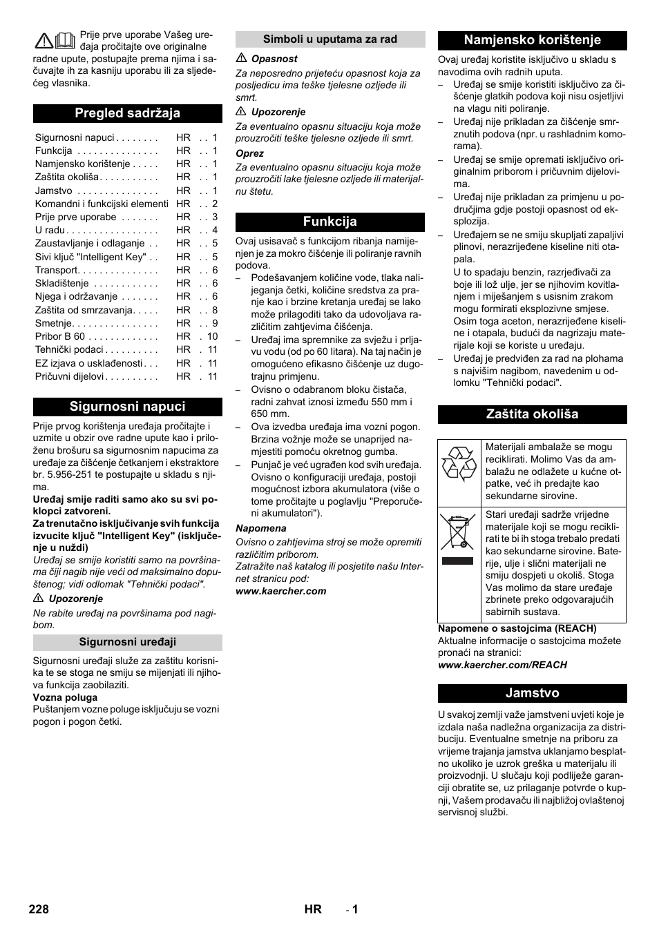Hrvatski, Pregled sadržaja, Sigurnosni napuci | Funkcija namjensko korištenje zaštita okoliša, Jamstvo | Karcher B 60 W User Manual | Page 228 / 312