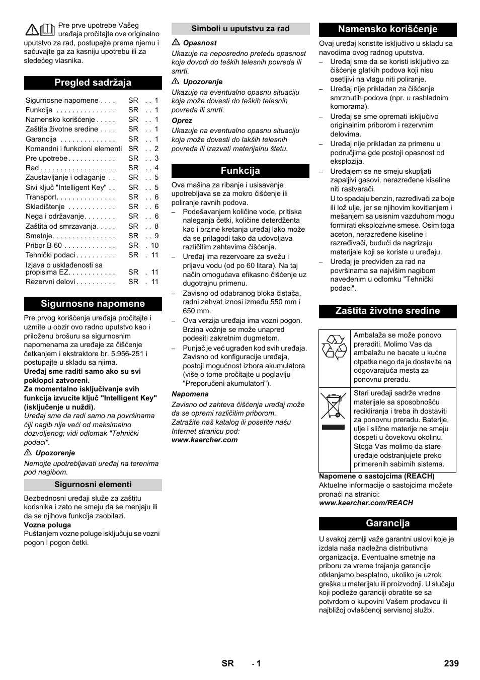 Srpski, Pregled sadržaja, Sigurnosne napomene | Garancija | Karcher B 60 W User Manual | Page 239 / 312