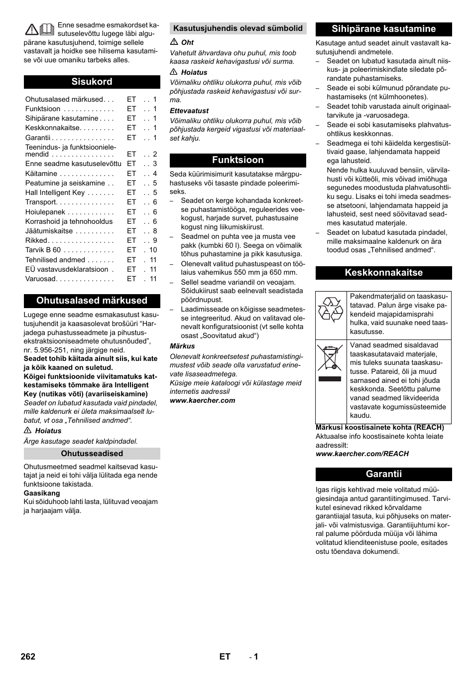 Eesti, Sisukord, Ohutusalased märkused | Funktsioon sihipärane kasutamine keskkonnakaitse, Garantii | Karcher B 60 W User Manual | Page 262 / 312
