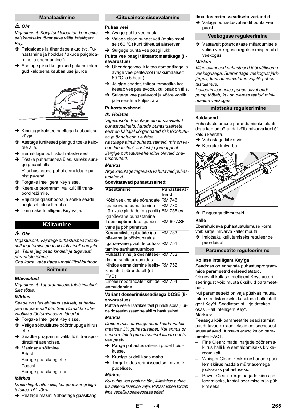 Käitamine | Karcher B 60 W User Manual | Page 265 / 312