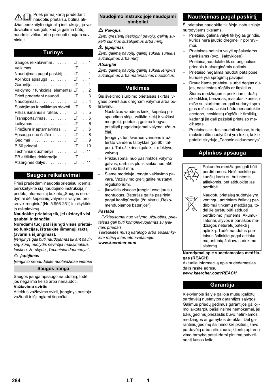 Lietuviškai, Turinys, Saugos reikalavimai | Garantija | Karcher B 60 W User Manual | Page 284 / 312