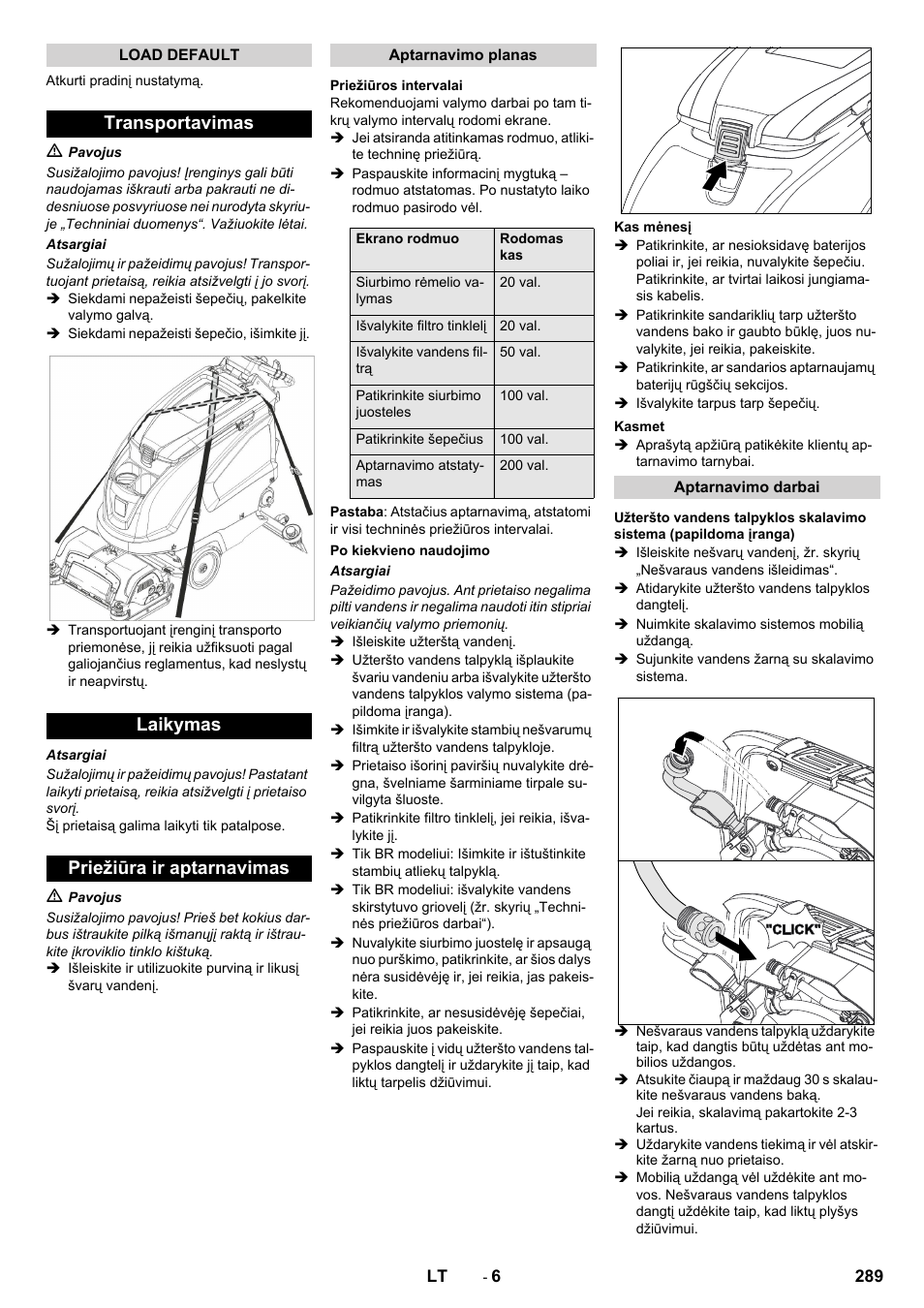 Transportavimas laikymas priežiūra ir aptarnavimas | Karcher B 60 W User Manual | Page 289 / 312