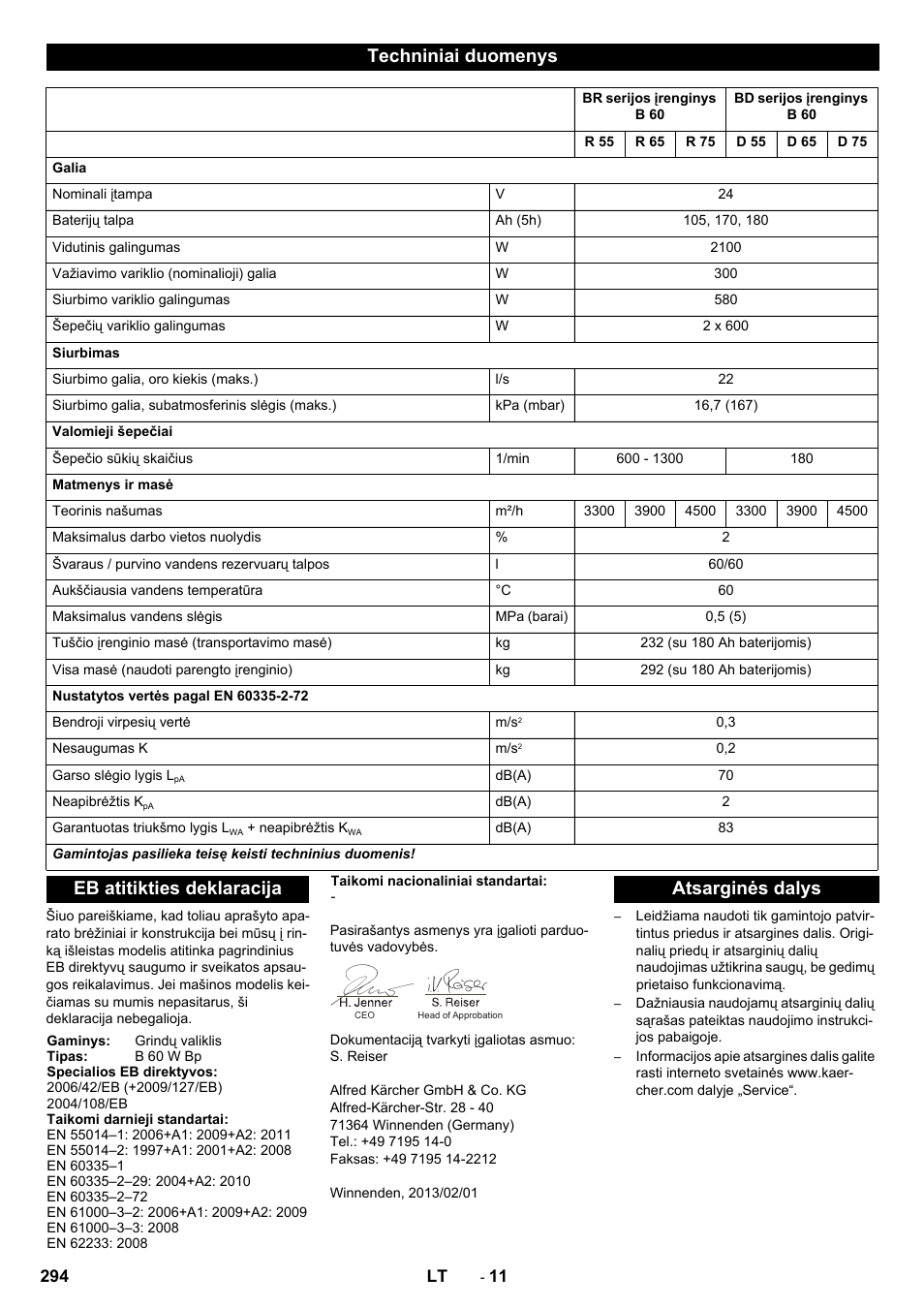 Techniniai duomenys, Eb atitikties deklaracija, Atsarginės dalys | Karcher B 60 W User Manual | Page 294 / 312