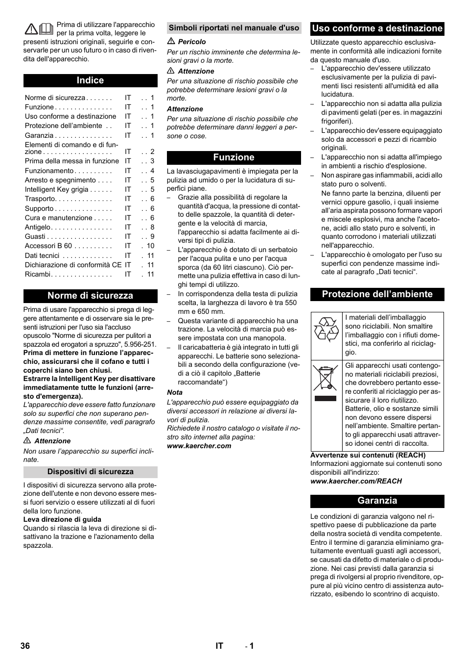 Italiano, Indice, Norme di sicurezza | Garanzia | Karcher B 60 W User Manual | Page 36 / 312