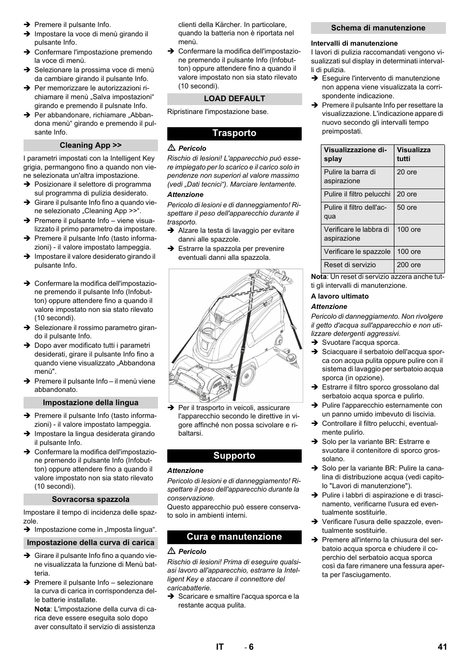 Trasporto supporto cura e manutenzione | Karcher B 60 W User Manual | Page 41 / 312