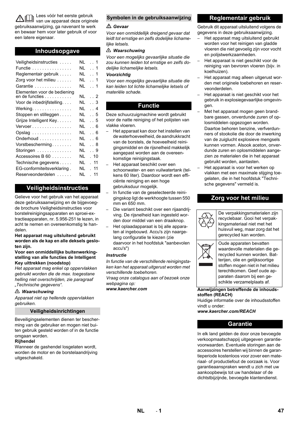 Nederlands, Inhoudsopgave, Veiligheidsinstructies | Functie reglementair gebruik zorg voor het milieu, Garantie | Karcher B 60 W User Manual | Page 47 / 312