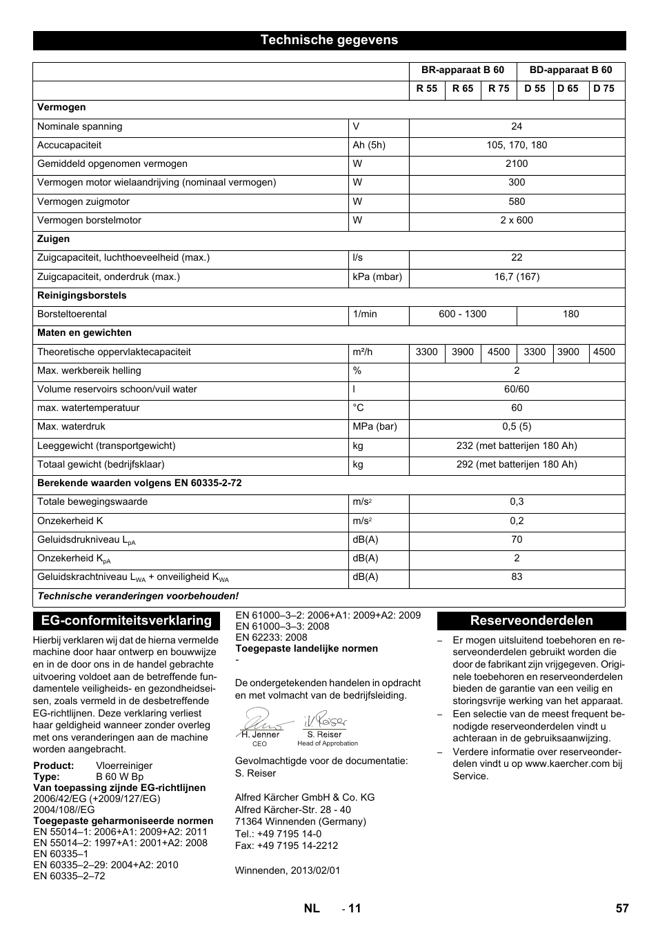 Technische gegevens, Eg-conformiteitsverklaring, Reserveonderdelen | Karcher B 60 W User Manual | Page 57 / 312