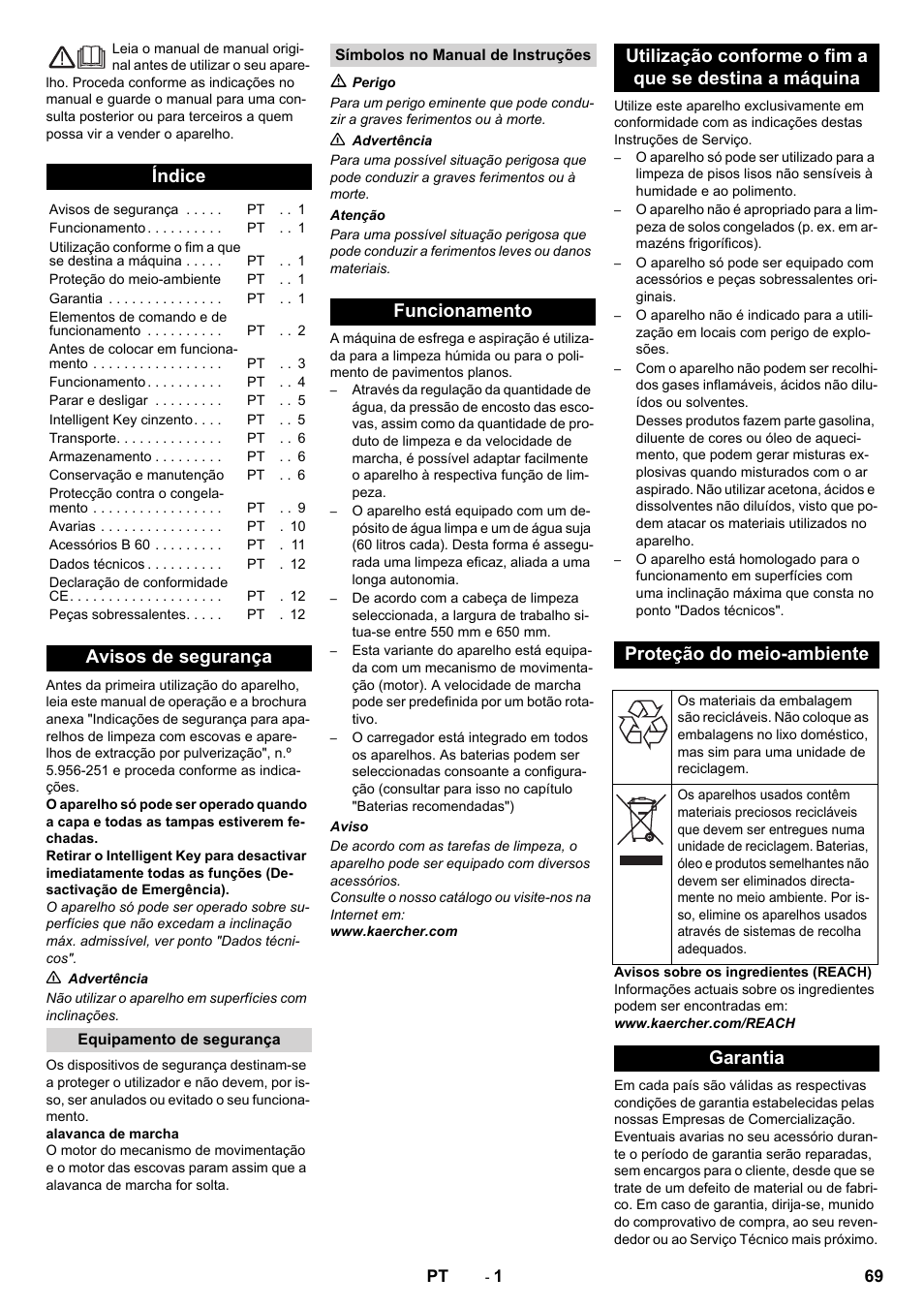 Português, Índice, Avisos de segurança | Garantia | Karcher B 60 W User Manual | Page 69 / 312