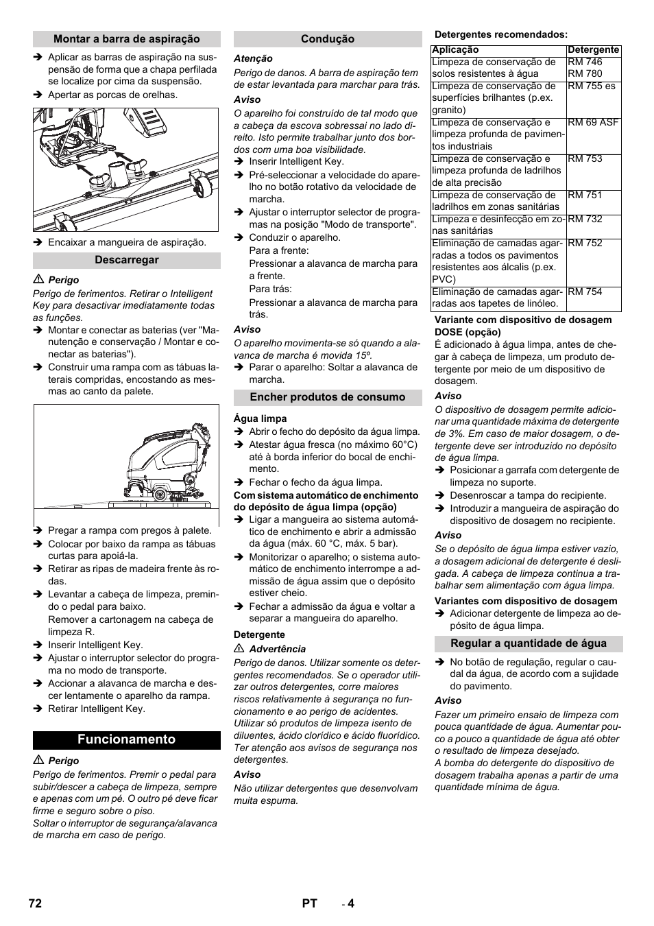 Funcionamento | Karcher B 60 W User Manual | Page 72 / 312