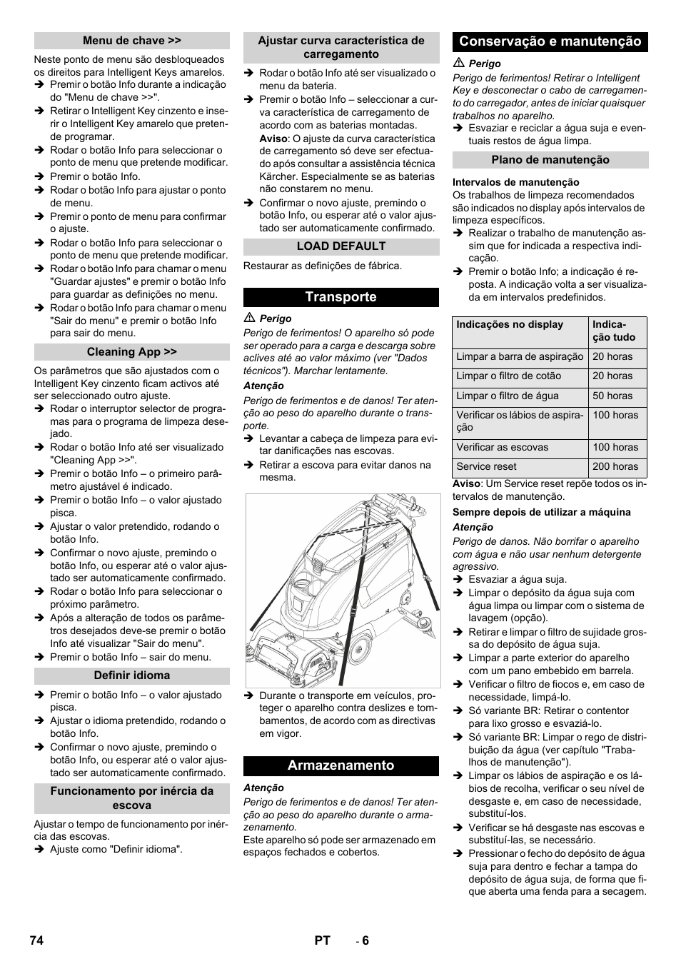 Transporte armazenamento conservação e manutenção | Karcher B 60 W User Manual | Page 74 / 312