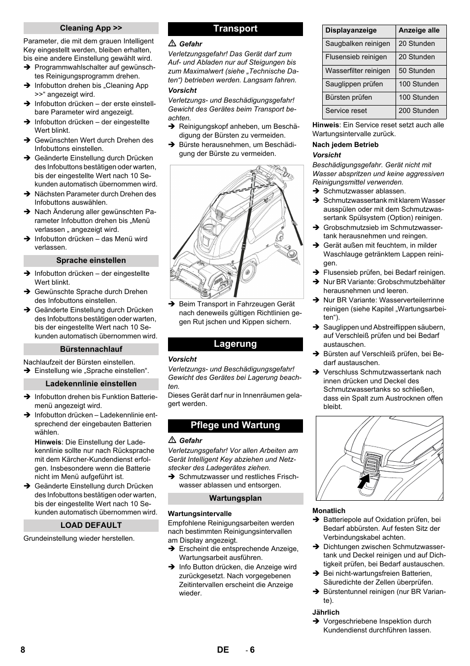 Transport lagerung pflege und wartung | Karcher B 60 W User Manual | Page 8 / 312