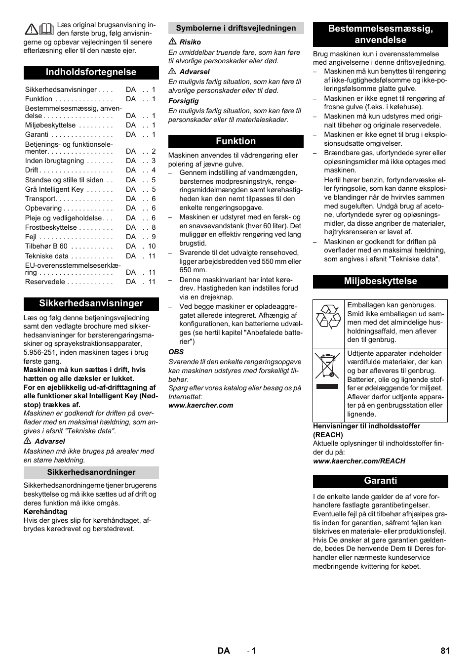 Dansk, Indholdsfortegnelse, Sikkerhedsanvisninger | Garanti | Karcher B 60 W User Manual | Page 81 / 312