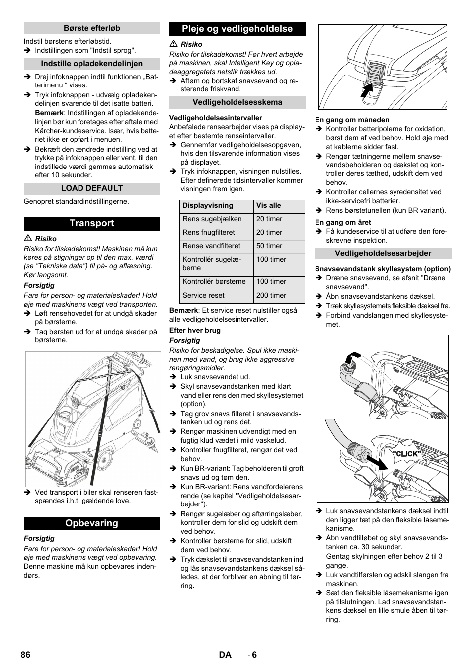 Transport opbevaring pleje og vedligeholdelse | Karcher B 60 W User Manual | Page 86 / 312
