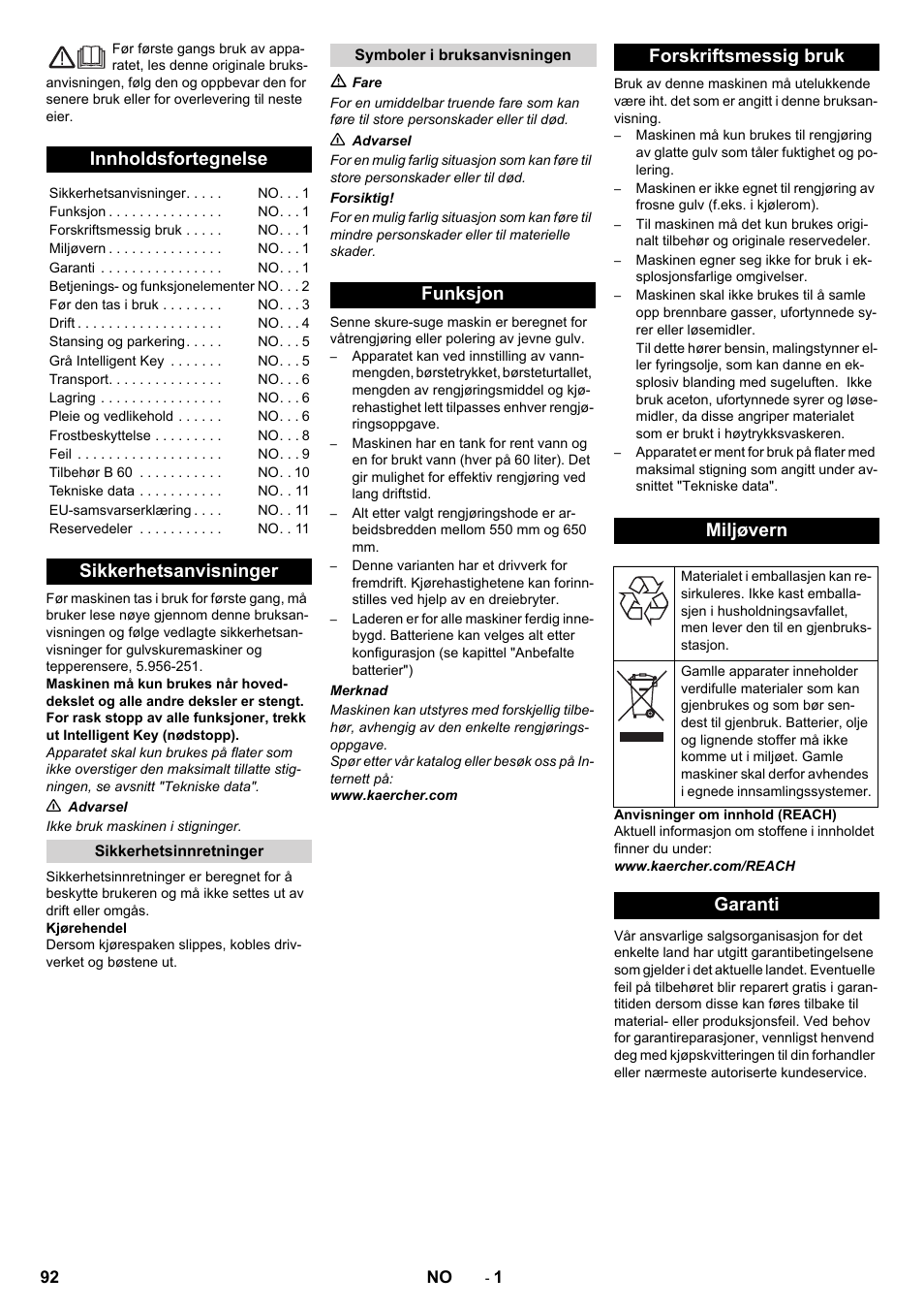 Norsk, Innholdsfortegnelse, Sikkerhetsanvisninger | Funksjon forskriftsmessig bruk miljøvern, Garanti | Karcher B 60 W User Manual | Page 92 / 312