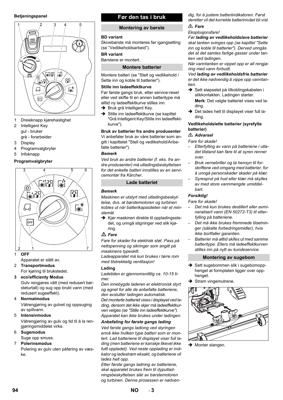 Før den tas i bruk | Karcher B 60 W User Manual | Page 94 / 312