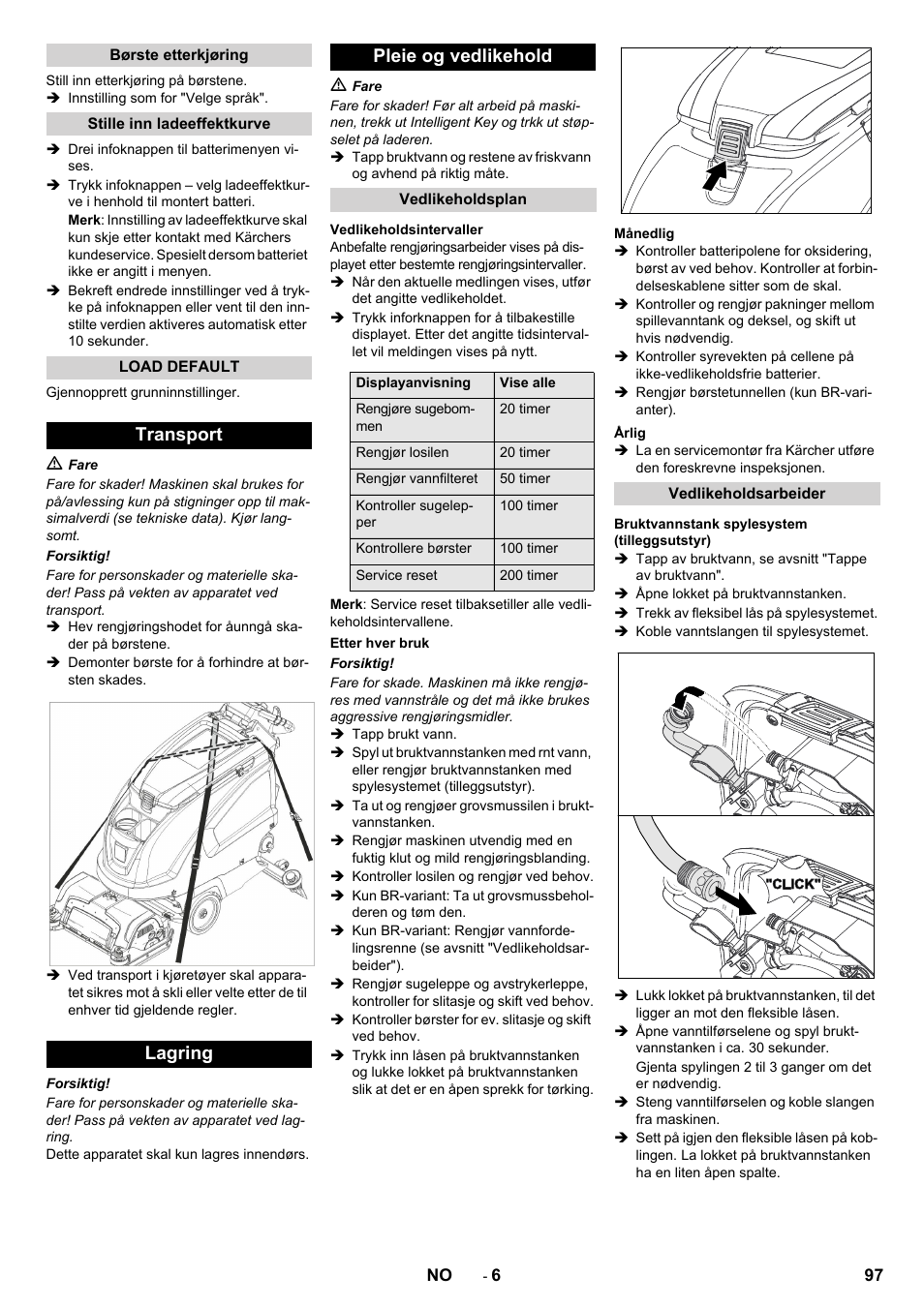 Transport lagring pleie og vedlikehold | Karcher B 60 W User Manual | Page 97 / 312