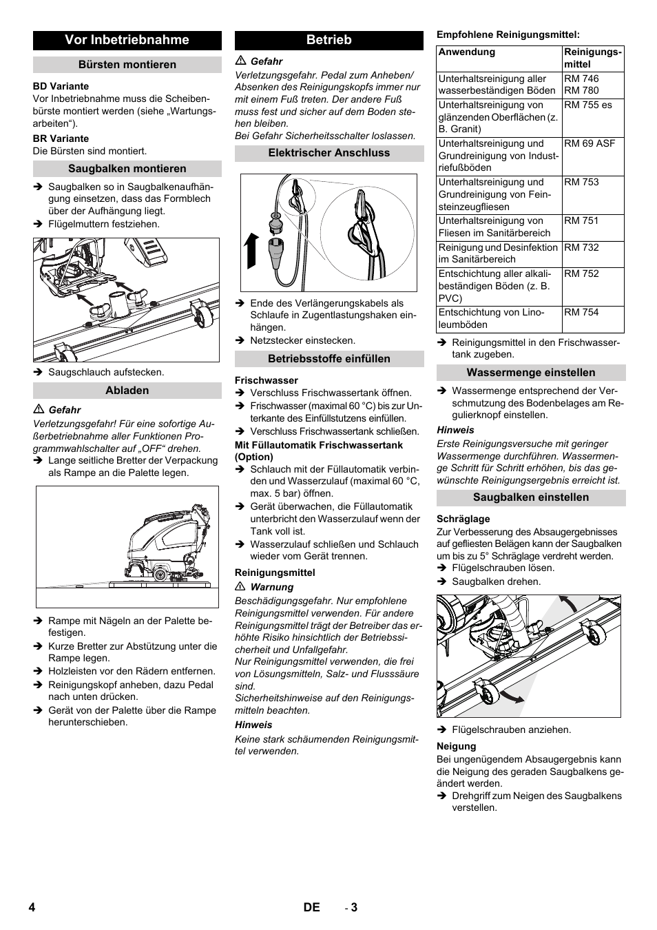 Vor inbetriebnahme, Betrieb | Karcher B 60 W User Manual | Page 4 / 228