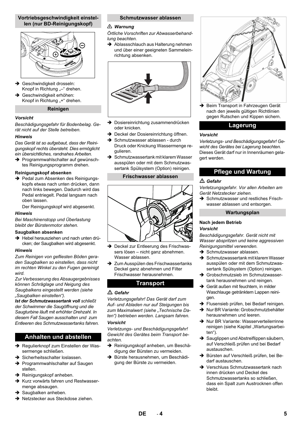 Anhalten und abstellen, Transport lagerung pflege und wartung | Karcher B 60 W User Manual | Page 5 / 228