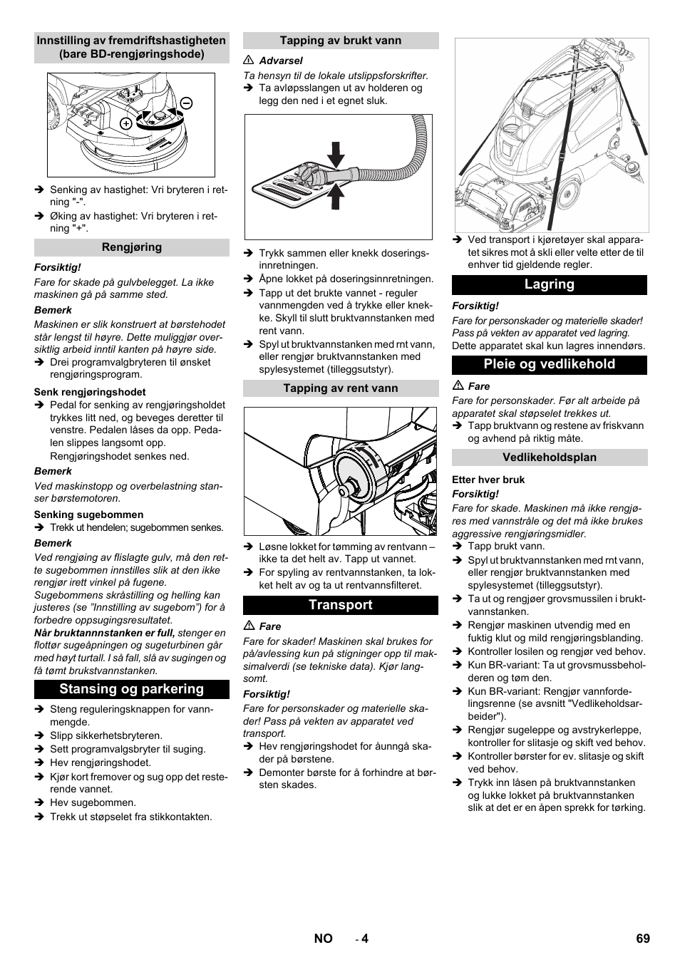 Stansing og parkering, Transport lagring pleie og vedlikehold | Karcher B 60 W User Manual | Page 69 / 228