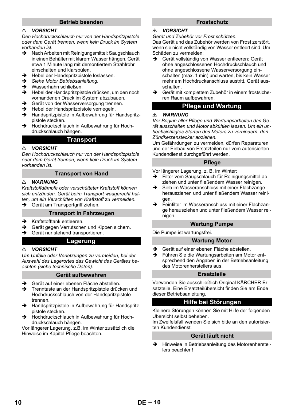 Betrieb beenden, Transport, Transport von hand | Transport in fahrzeugen, Lagerung, Gerät aufbewahren, Frostschutz, Pflege und wartung, Pflege, Wartung pumpe | Karcher G 4-10 M User Manual | Page 10 / 252