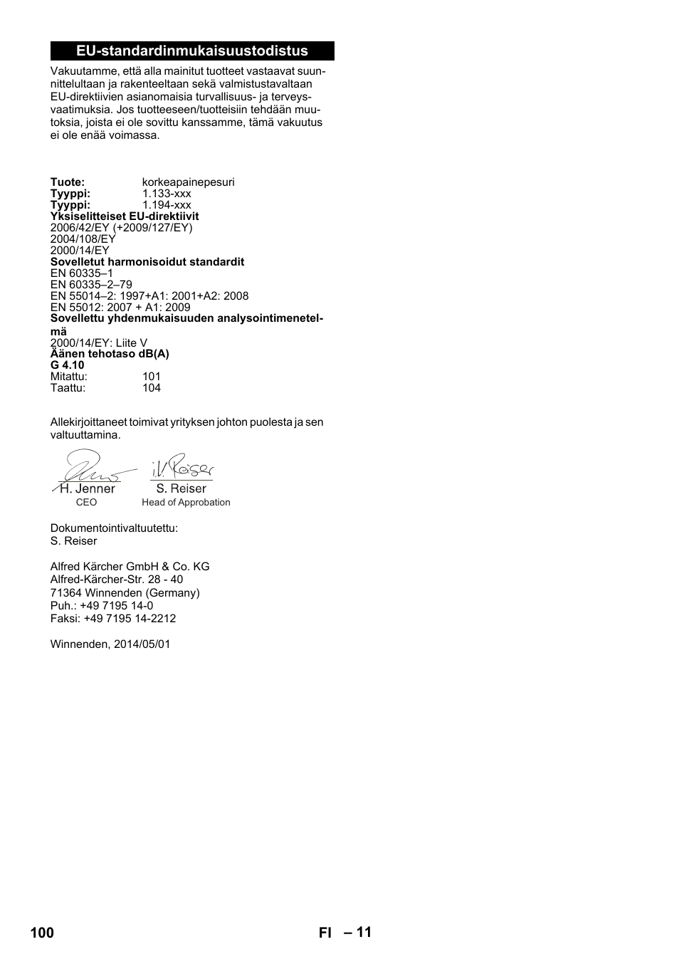 Eu-standardinmukaisuustodistus, 100 fi | Karcher G 4-10 M User Manual | Page 100 / 252