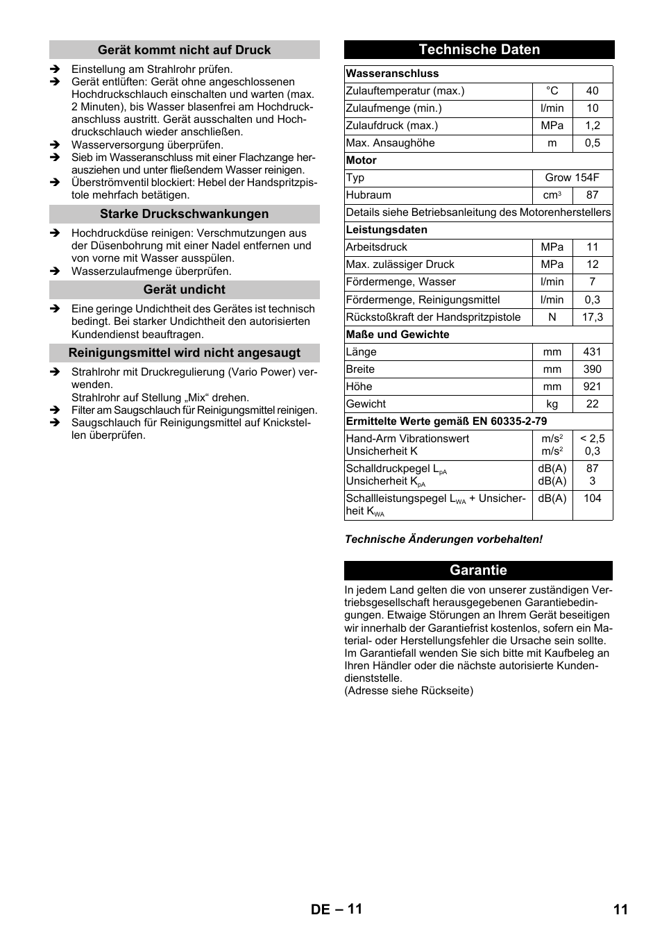 Gerät kommt nicht auf druck, Starke druckschwankungen, Gerät undicht | Reinigungsmittel wird nicht angesaugt, Technische daten, Garantie, Garantie 11 de | Karcher G 4-10 M User Manual | Page 11 / 252