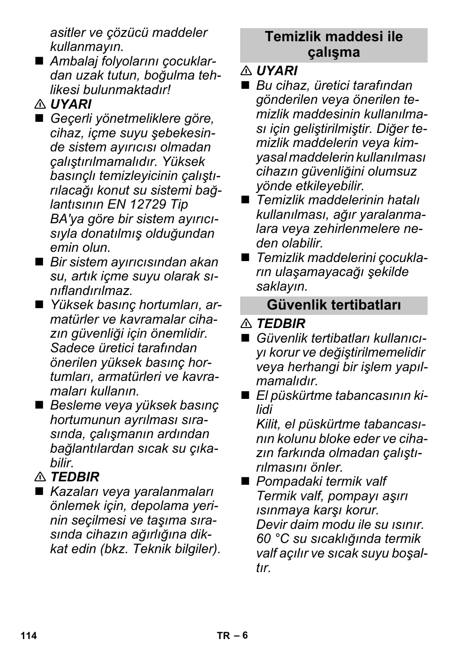 Temizlik maddesi ile çalışma, Güvenlik tertibatları | Karcher G 4-10 M User Manual | Page 114 / 252