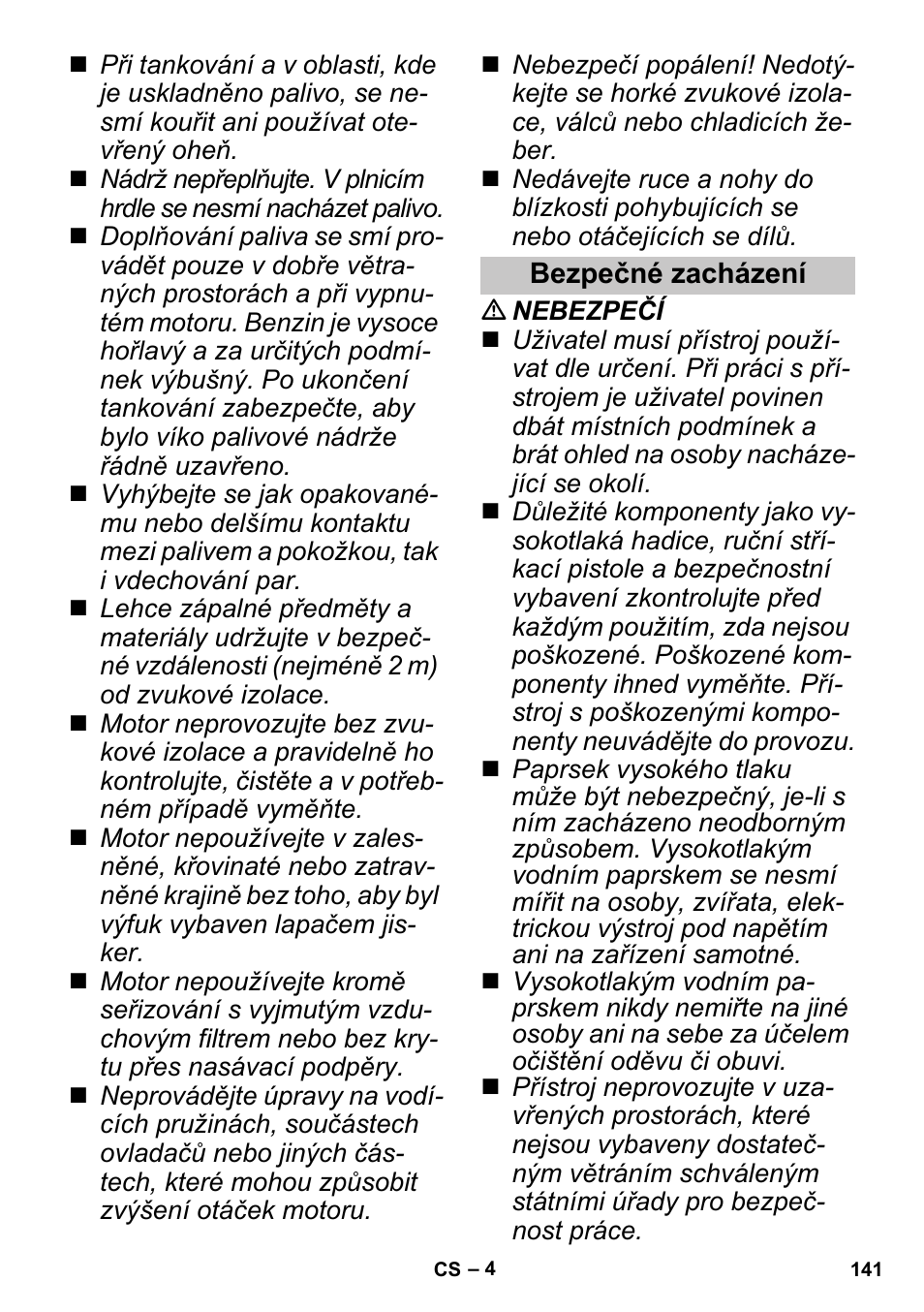 Bezpečné zacházení | Karcher G 4-10 M User Manual | Page 141 / 252