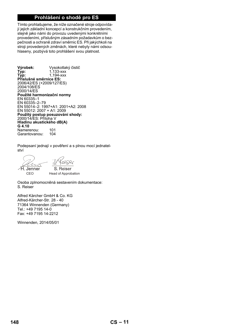 Prohlášení o shodě pro es, 148 cs | Karcher G 4-10 M User Manual | Page 148 / 252