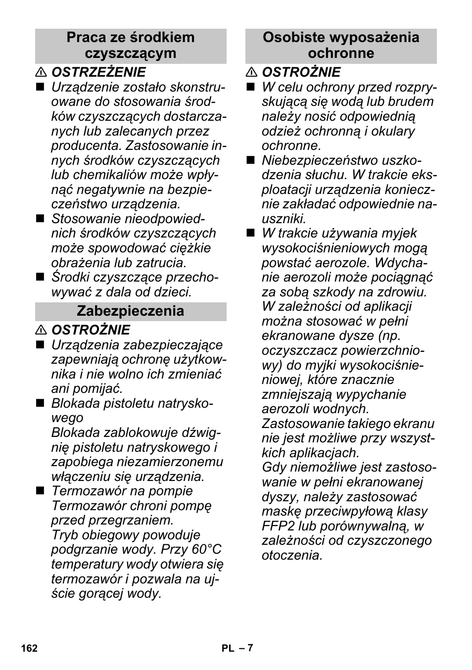 Praca ze środkiem czyszczącym, Zabezpieczenia, Osobiste wyposażenia ochronne | Karcher G 4-10 M User Manual | Page 162 / 252