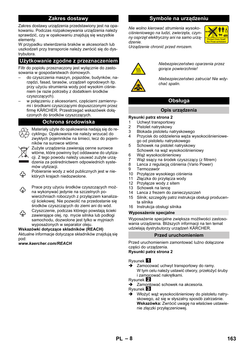 Zakres dostawy, Użytkowanie zgodne z przeznaczeniem, Ochrona środowiska | Symbole na urządzeniu, Obsługa, Opis urządzenia, Wyposażenie specjalne, Przed uruchomieniem, 163 pl | Karcher G 4-10 M User Manual | Page 163 / 252