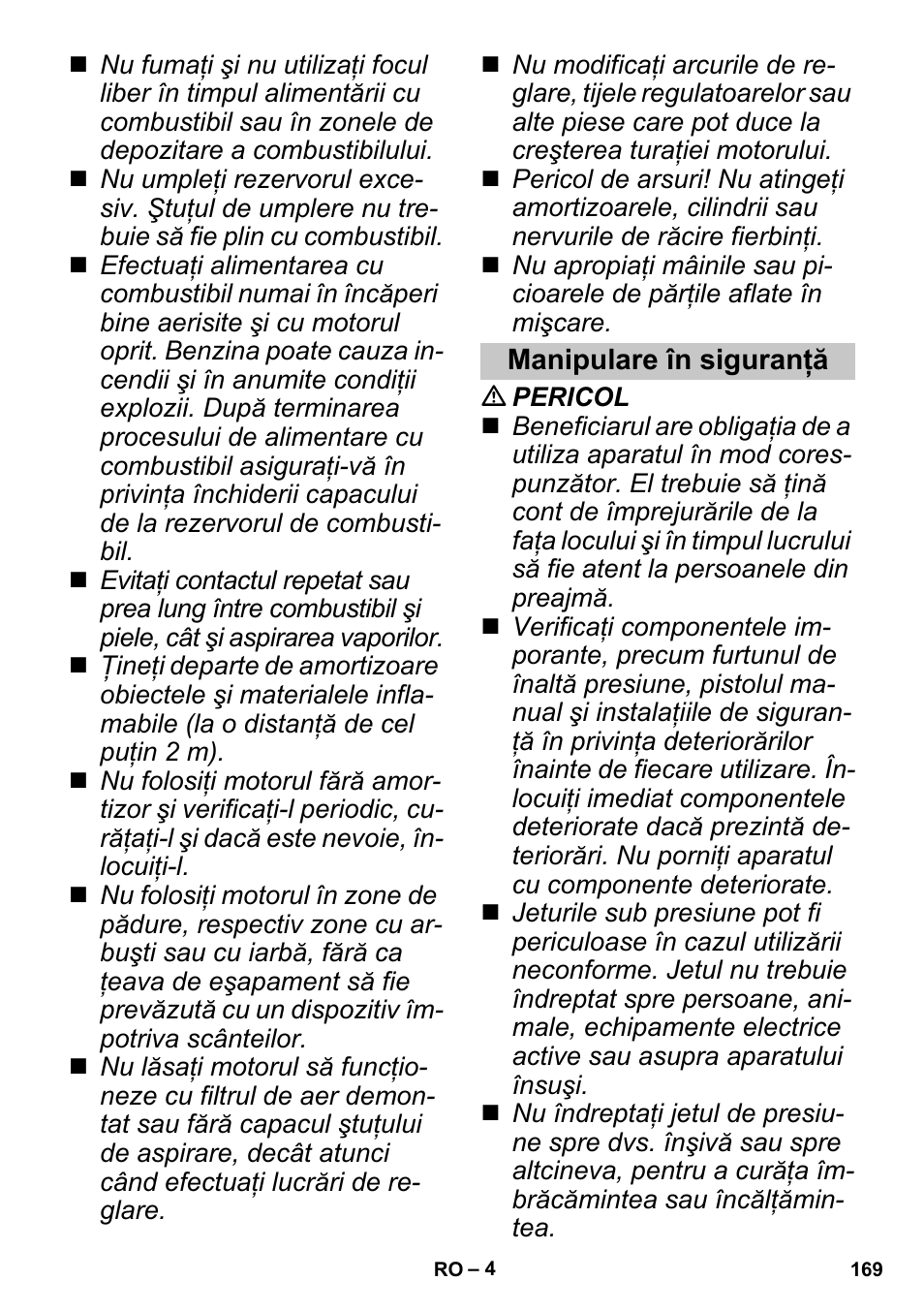 Manipulare în siguranţă | Karcher G 4-10 M User Manual | Page 169 / 252