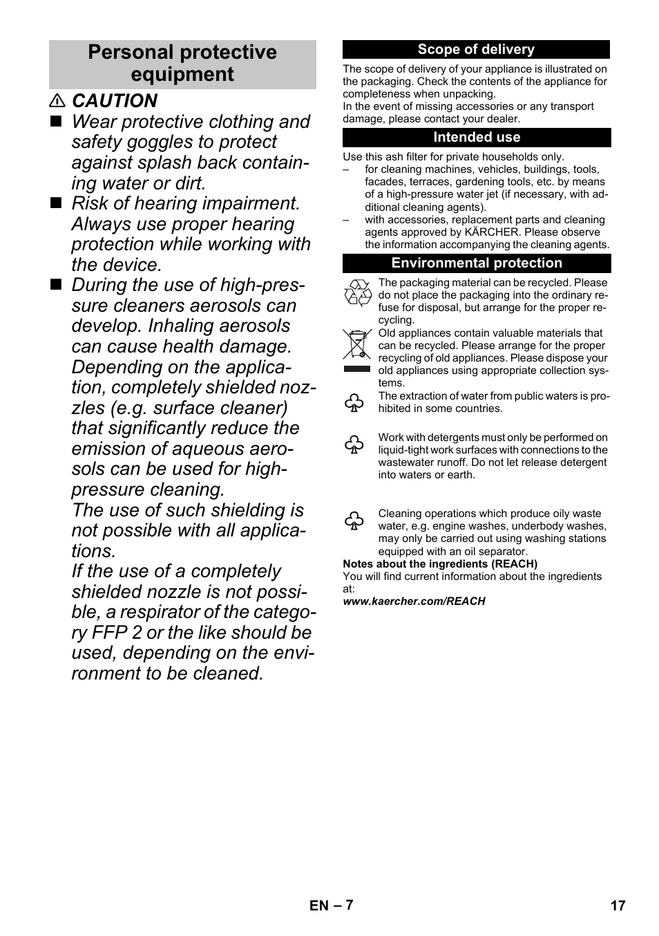 Personal protective equipment, Scope of delivery, Intended use | Environmental protection | Karcher G 4-10 M User Manual | Page 17 / 252