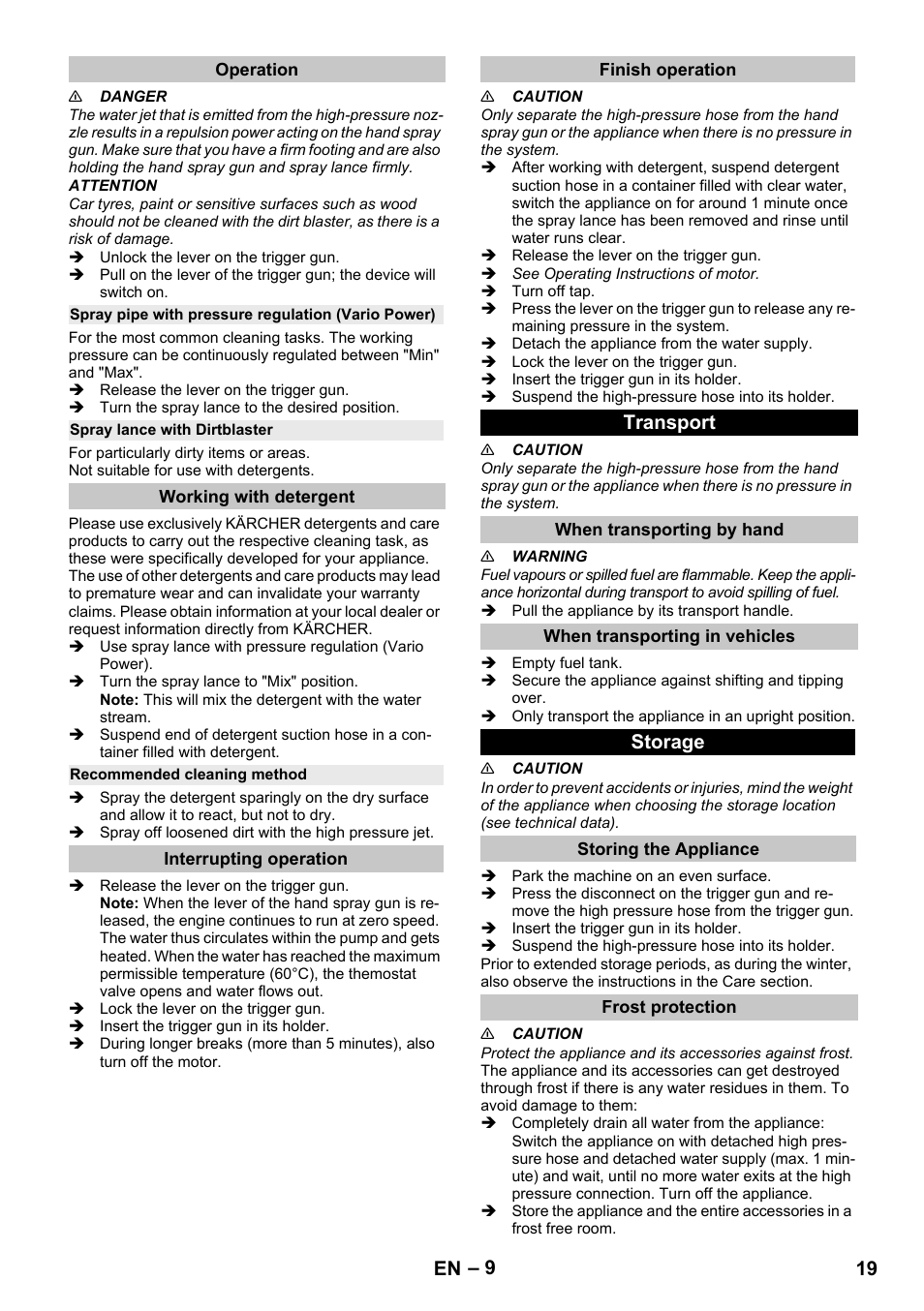 Operation, Spray pipe with pressure regulation (vario power), Spray lance with dirtblaster | Working with detergent, Recommended cleaning method, Interrupting operation, Finish operation, Transport, When transporting by hand, When transporting in vehicles | Karcher G 4-10 M User Manual | Page 19 / 252