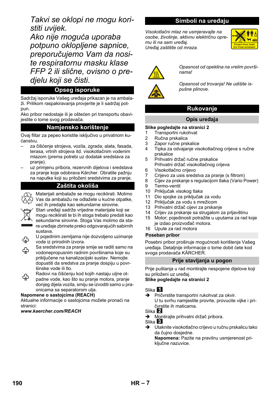 Opseg isporuke, Namjensko korištenje, Zaštita okoliša | Simboli na uređaju, Rukovanje, Opis uređaja, Poseban pribor, Prije stavljanja u pogon | Karcher G 4-10 M User Manual | Page 190 / 252