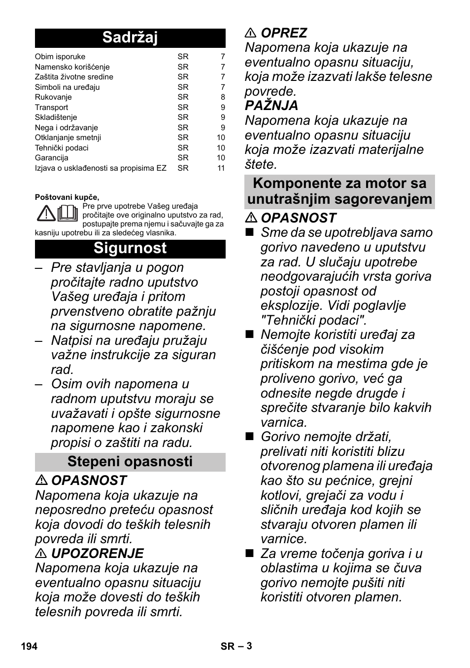 Srpski, Sadržaj, Sigurnost | Stepeni opasnosti, Komponente za motor sa unutrašnjim sagorevanjem | Karcher G 4-10 M User Manual | Page 194 / 252