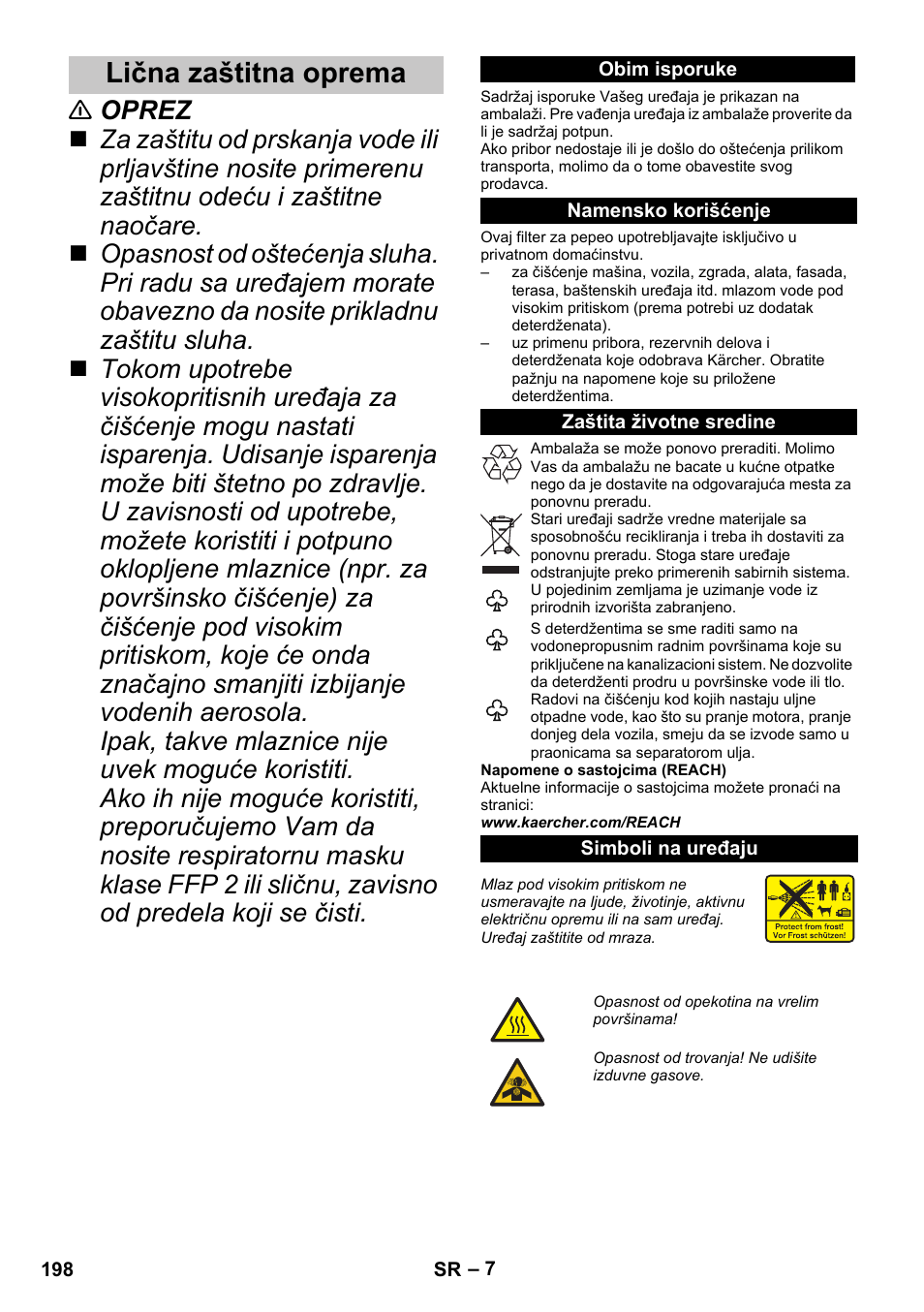 Lična zaštitna oprema, Obim isporuke, Namensko korišćenje | Zaštita životne sredine, Simboli na uređaju | Karcher G 4-10 M User Manual | Page 198 / 252