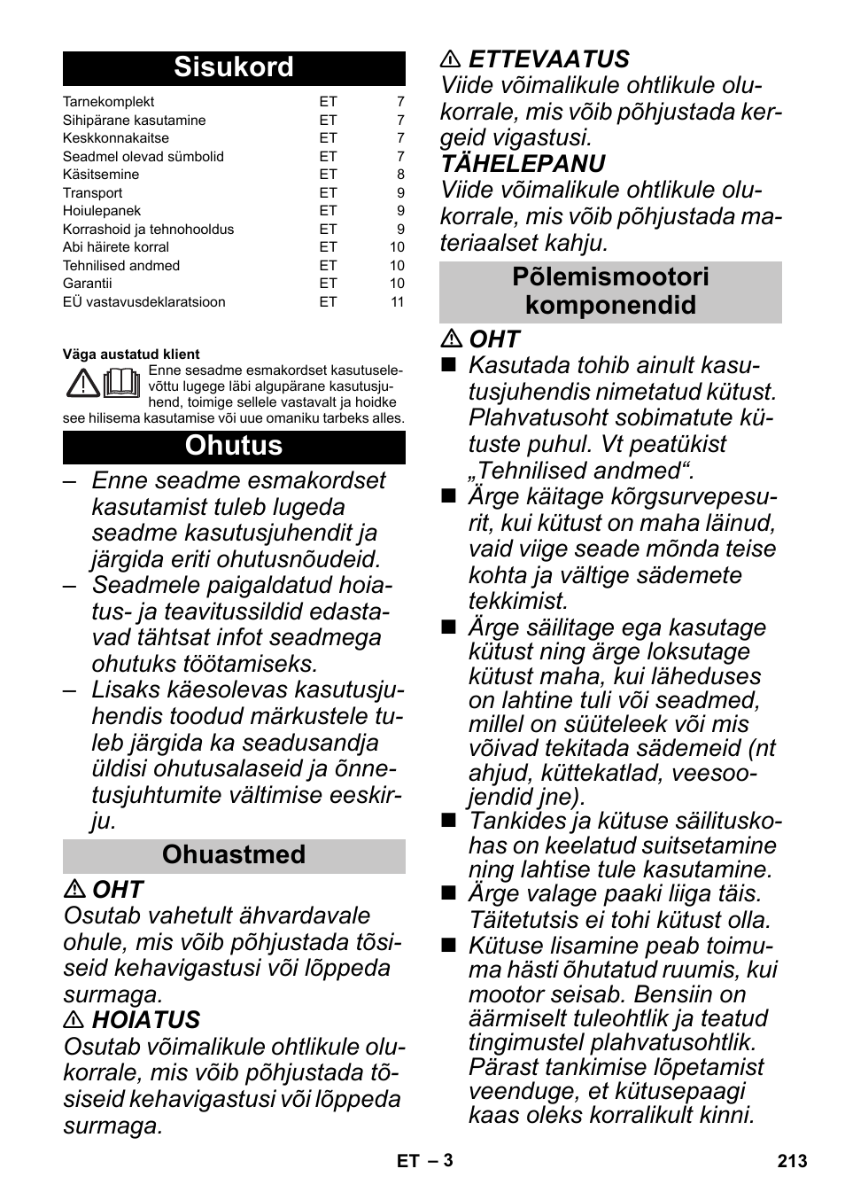 Eesti, Sisukord, Ohutus | Ohuastmed, Põlemismootori komponendid, Ohuastmed põlemismootori komponendid | Karcher G 4-10 M User Manual | Page 213 / 252