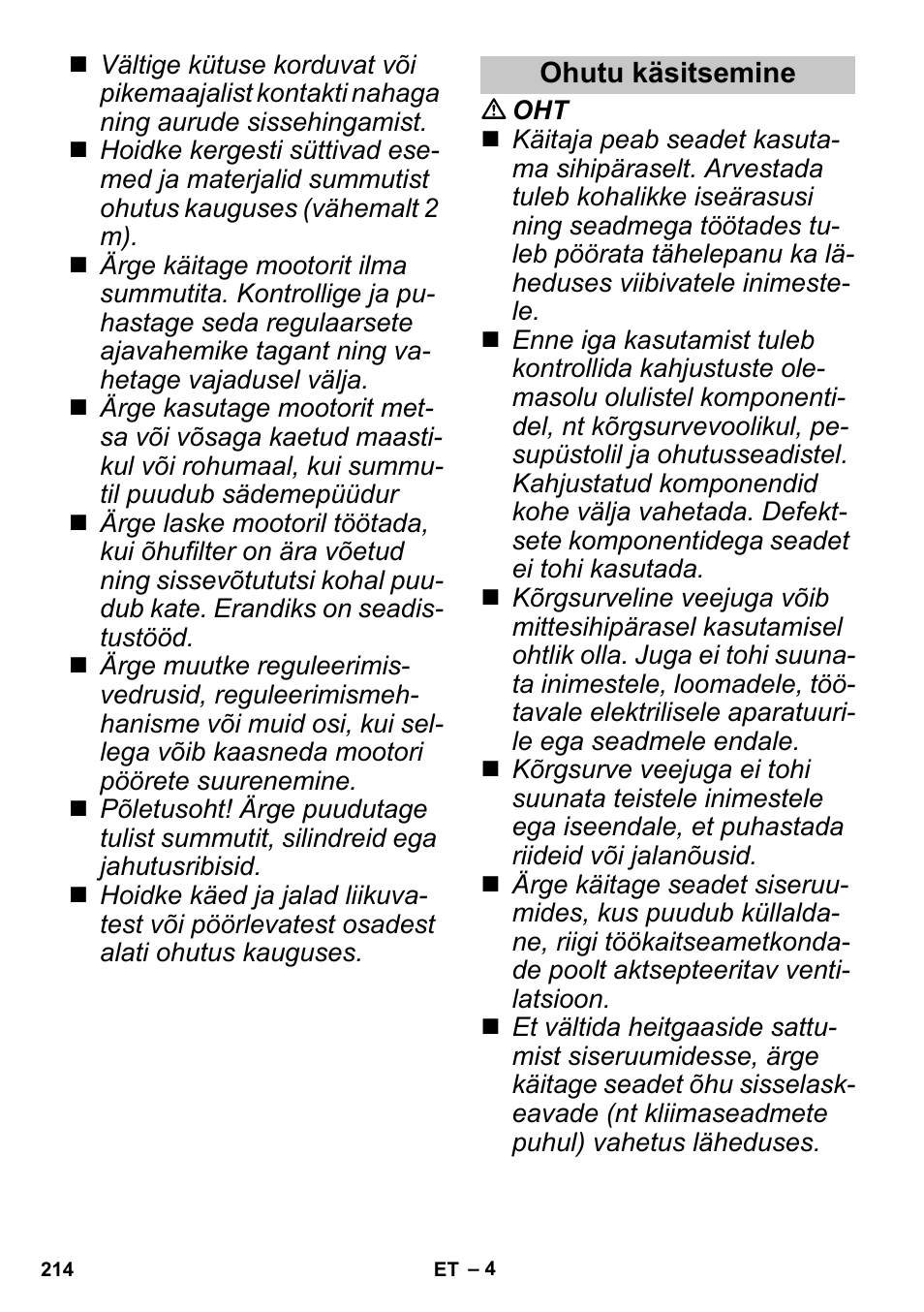 Ohutu käsitsemine | Karcher G 4-10 M User Manual | Page 214 / 252