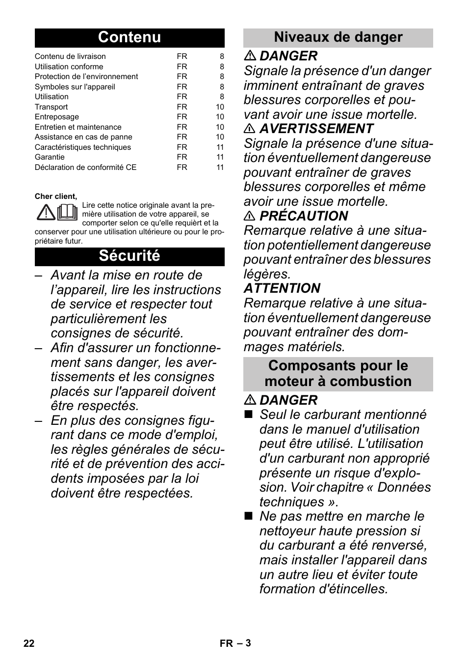 Français, Contenu, Sécurité | Niveaux de danger, Composants pour le moteur à combustion | Karcher G 4-10 M User Manual | Page 22 / 252