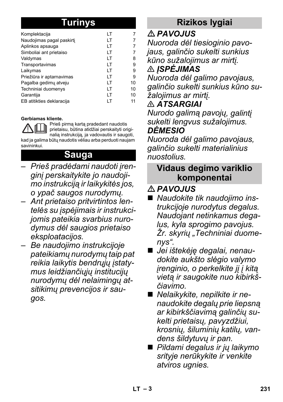 Lietuviškai, Turinys, Sauga | Rizikos lygiai, Vidaus degimo variklio komponentai, Rizikos lygiai vidaus degimo variklio komponentai | Karcher G 4-10 M User Manual | Page 231 / 252